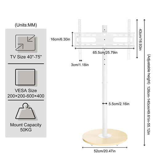 Heavy Duty Mobile TV Floor Stand for 40-75 Inches White Height Adjustable TV Mount Cart Stand with Hidden Wheels