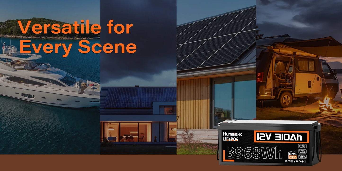 12V 310Ah LiFePO4 Battery 3968Wh Energy 200A BMS 15000 Cycles A+ Cells For RV/ Boat/ Solar Energy/ Off Grid/ Trolling Motor
