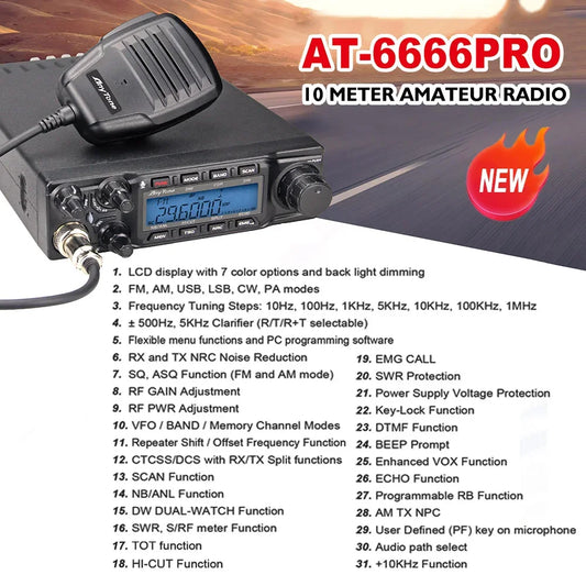 New AnyTone AT-6666 Pro 10 Meter Radio High Power 80W/50W Mobile Radio SSB(PEP)/FM/AM/PA/VOX/NRC Mode Long Range Two Way Radio