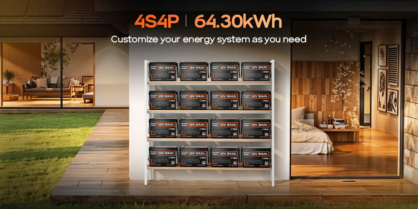 Humsienk Bluetooth LiFePO4 Battery 12V 314AH With 200A BMS A+ Cells 15000 Cycles Real- time Monitor For Outdoor / Household