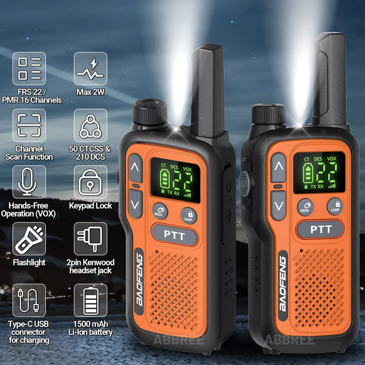 2X BAOFENG FRS Walkie Talkies Long Range Walkie Talkie NOAA VOX Flashlight Type-C Portable Two Way Radio For Restaurant Camping