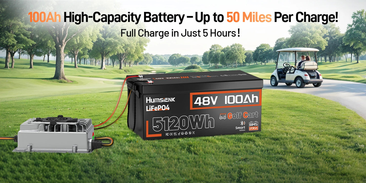 HumSienk LiFePO4 Battery Packs 48V 100Ah Specially Designed For Golf Cart 200A BMS Robust 5120Wh Smart Bluetooth Monitor
