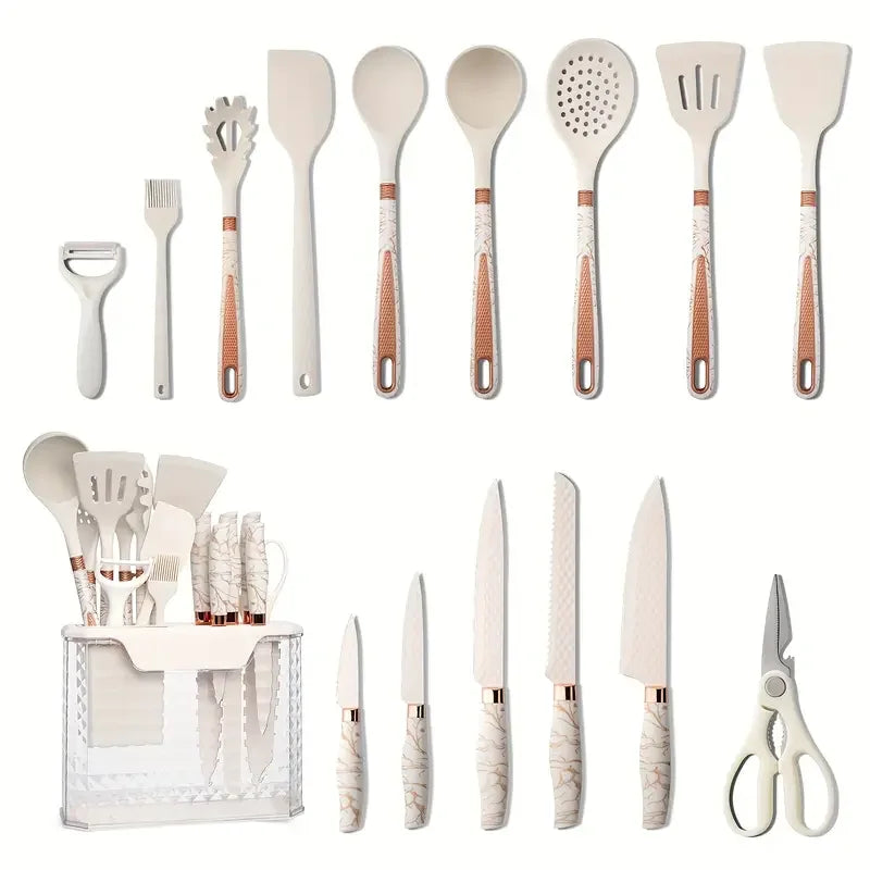 16PCS/Stainless Steel Kitchen Knife Silicone kitchenware set Spatula spoon bread knife scissors peeler cut meat knife Tool rest