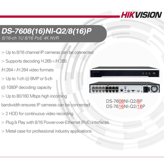 Hikvision 4K PoE NVR DS-7608NI-Q2/8P DS-7616NI-Q2/16P 8/16 Channels Network Video Recorder 8MP 2 SATA IP Camera CCTV