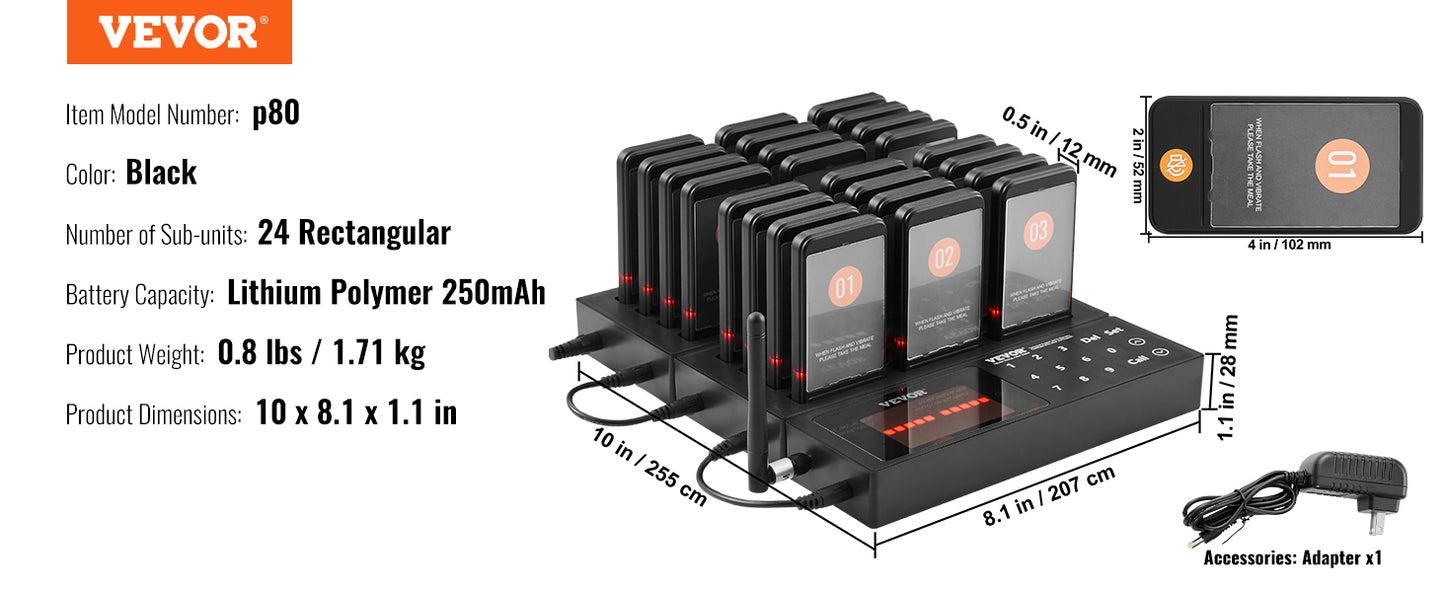 VEVOR 24 Buzzers Restaurant Pager System Touch Panel Wireless Calling System for Coffee Shop Restaurant Guest Queue Pager System