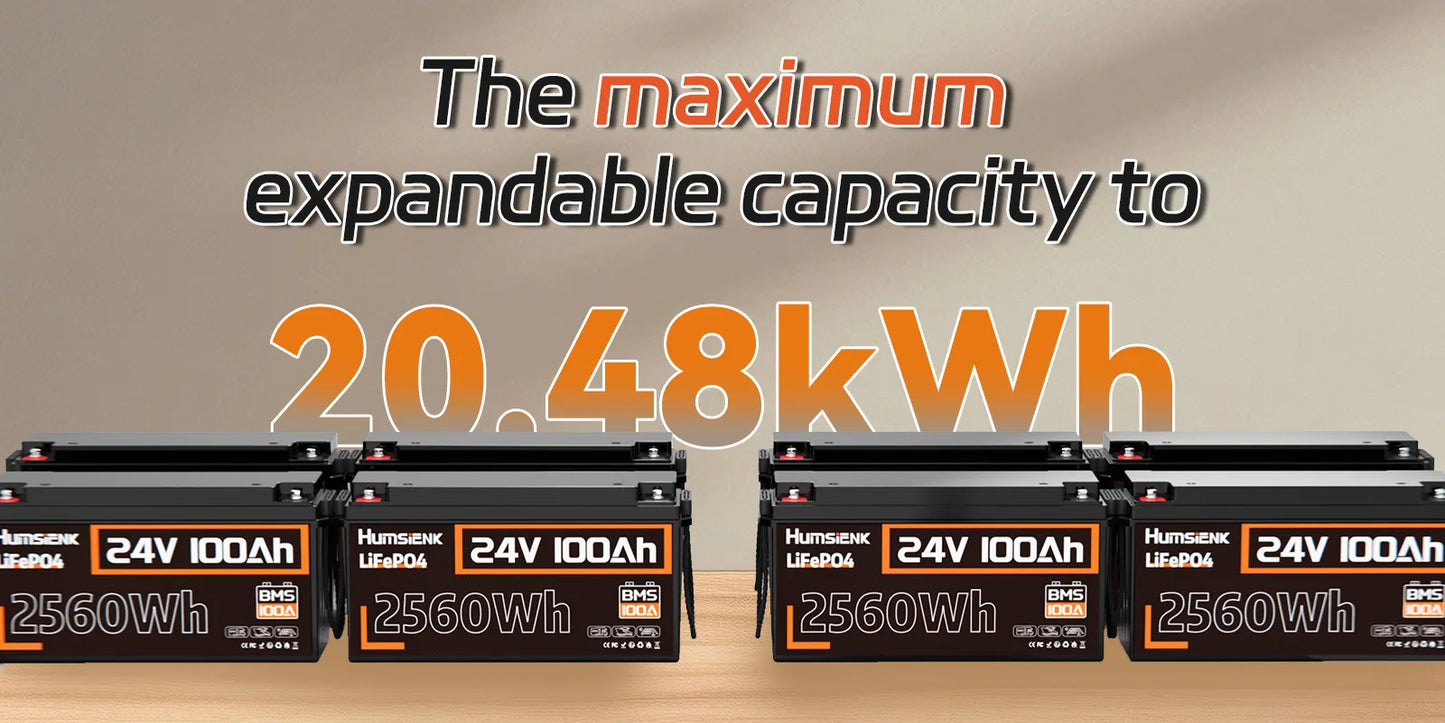 Humsienk LiFePO4 24V 100AH Lithium Iron Phosphate Battery 100A BMS For Electronics RV Campers Solar Golf Carts Marine Vans