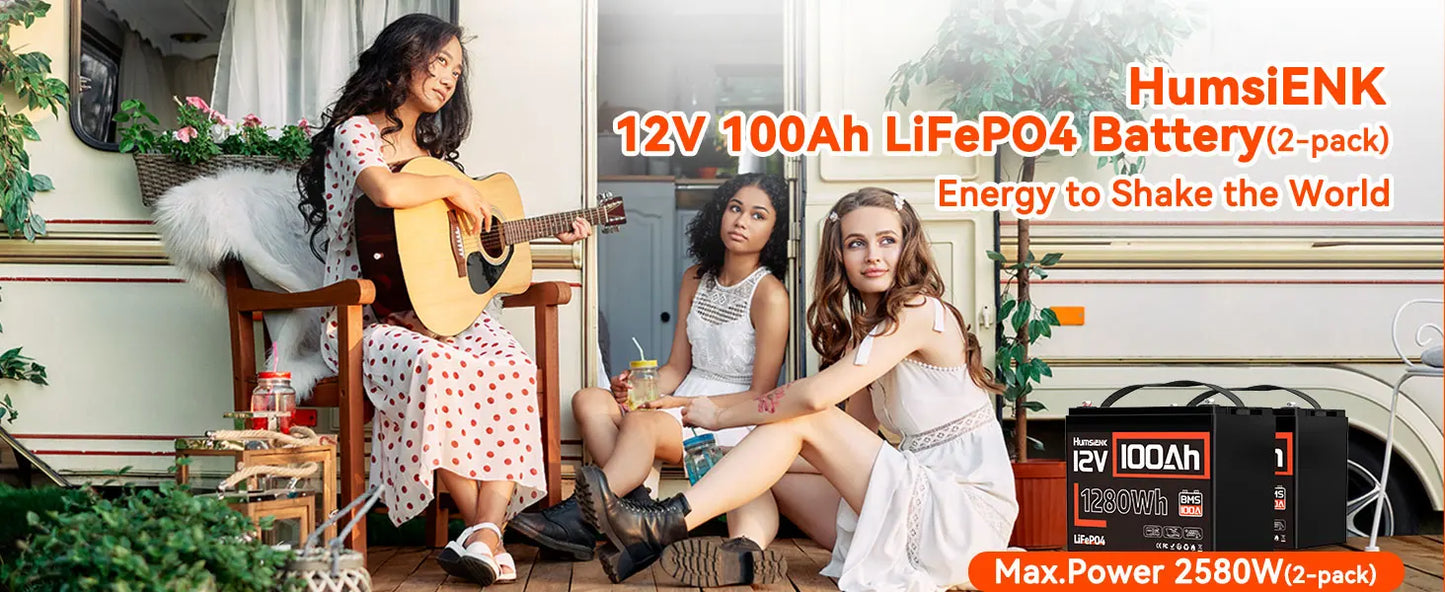 Humsienk LiFePO4 Lithium Battery 12V 100Ah Built-in 100A BMS Rechargeable For RV/ Vans/ Golf Cart/ Marine/ Camping/ Off-grid