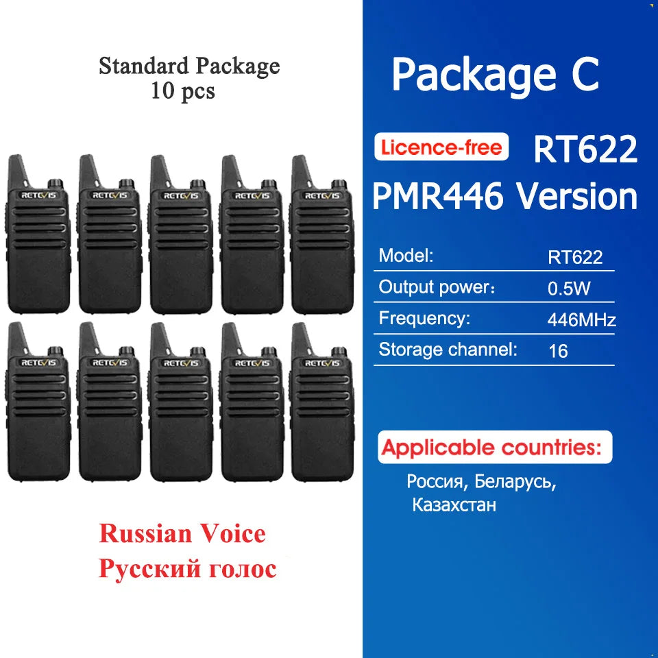 10 Pcs Wholesale Mini Walkie Talkie Retevis Rechargeable Walkie-talkies Two-way Radio RT622 PMR446 Radio Hotel Restaurant Retail