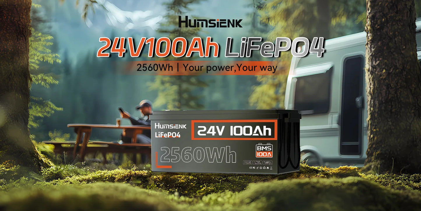 Humsienk LiFePO4 24V 100AH Lithium Iron Phosphate Battery 100A BMS For Electronics RV Campers Solar Golf Carts Marine Vans