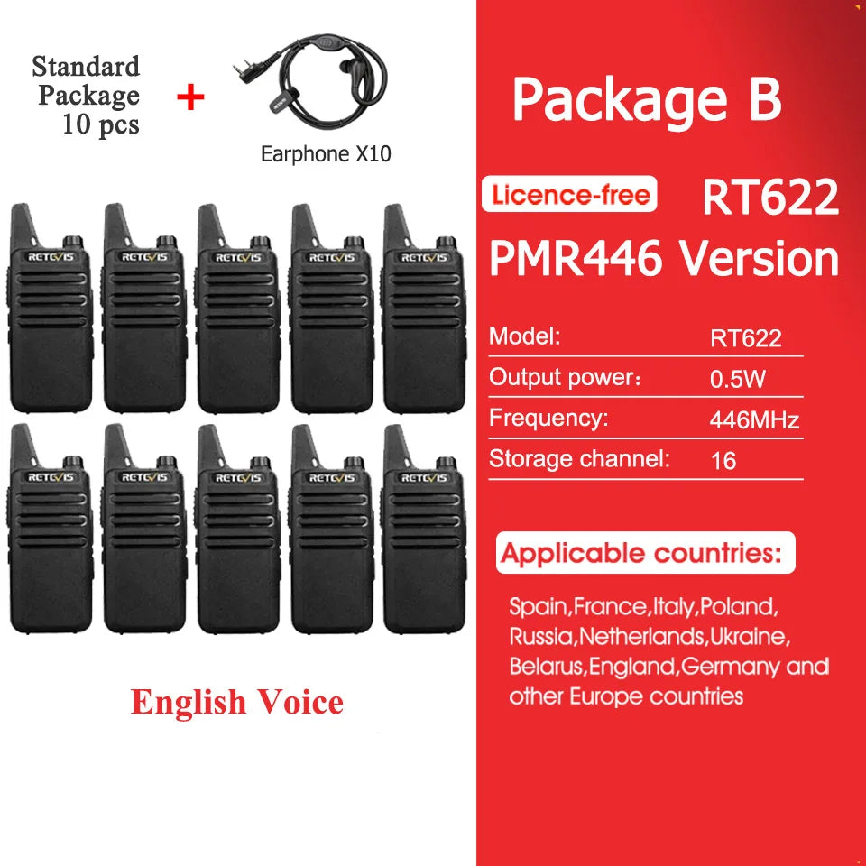 10 Pcs Wholesale Mini Walkie Talkie Retevis Rechargeable Walkie-talkies Two-way Radio RT622 PMR446 Radio Hotel Restaurant Retail