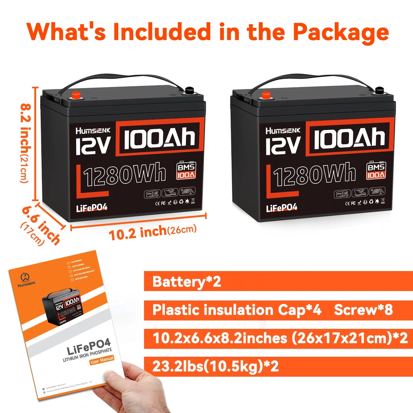 Humsienk LiFePO4 Lithium Battery 12V 100Ah Built-in 100A BMS Rechargeable For RV/ Vans/ Golf Cart/ Marine/ Camping/ Off-grid