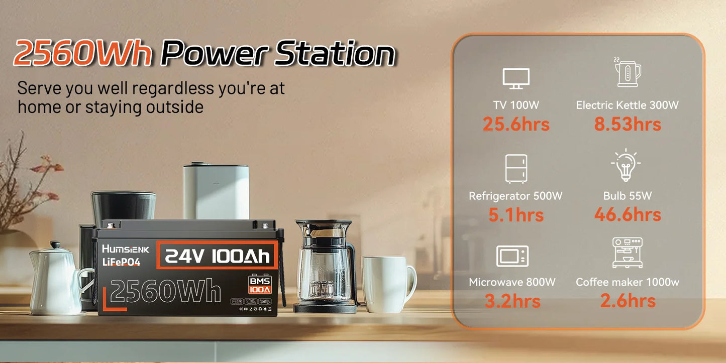 Humsienk LiFePO4 24V 100AH Lithium Iron Phosphate Battery 100A BMS For Electronics RV Campers Solar Golf Carts Marine Vans