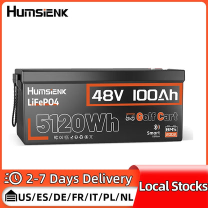HumSienk LiFePO4 Battery Packs 48V 100Ah Specially Designed For Golf Cart 200A BMS Robust 5120Wh Smart Bluetooth Monitor