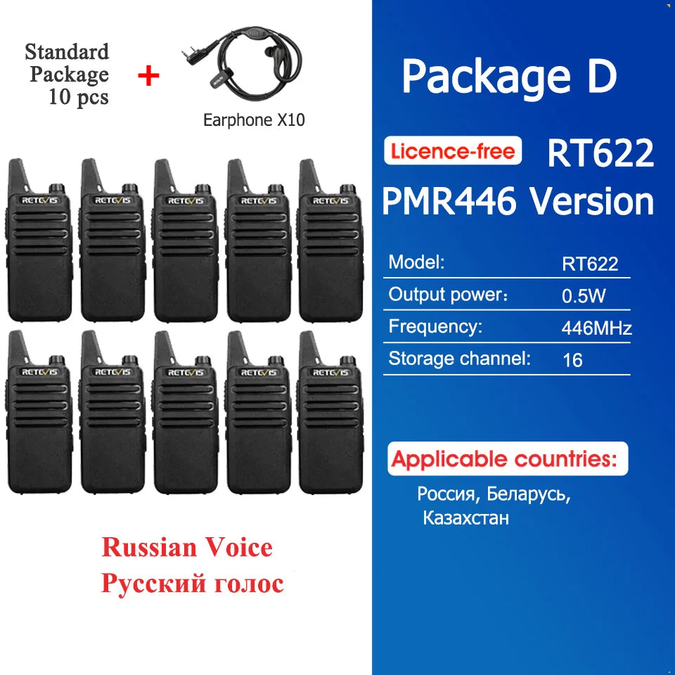 10 Pcs Wholesale Mini Walkie Talkie Retevis Rechargeable Walkie-talkies Two-way Radio RT622 PMR446 Radio Hotel Restaurant Retail