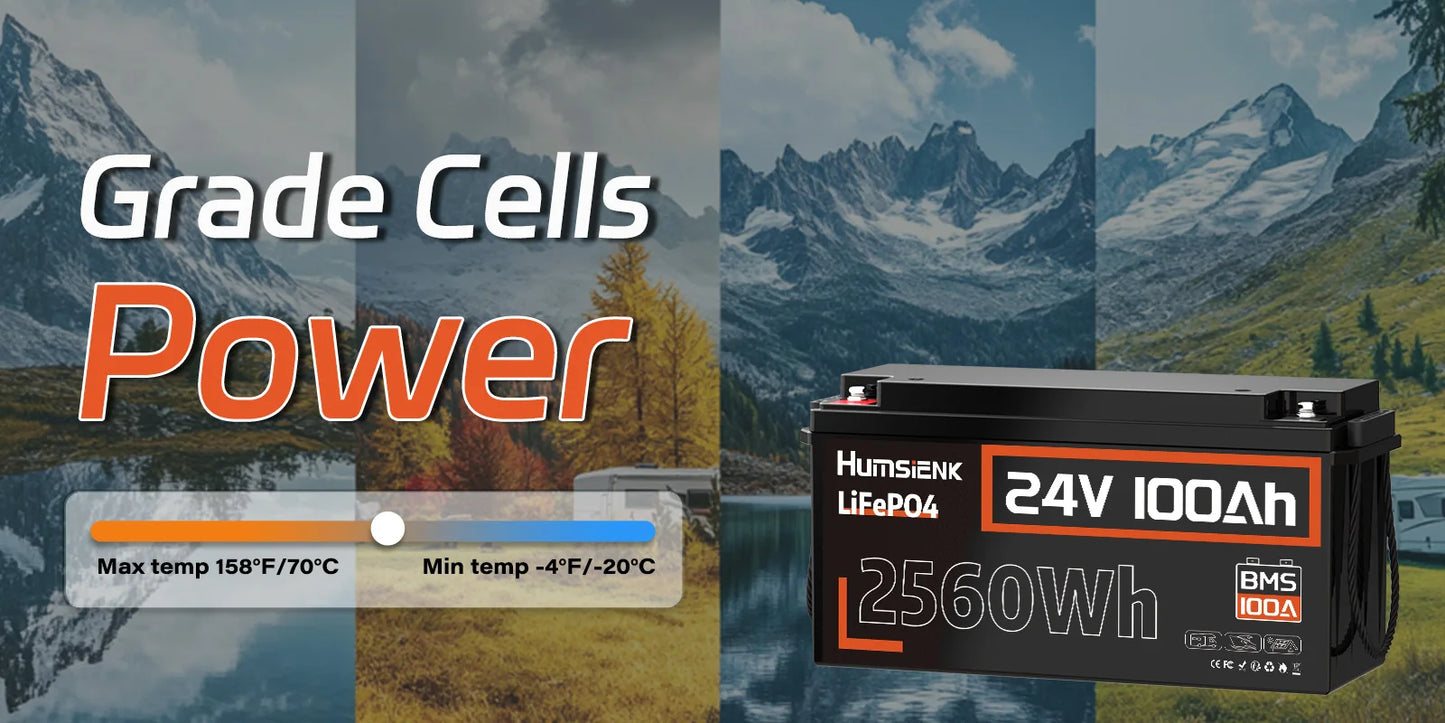 Humsienk LiFePO4 24V 100AH Lithium Iron Phosphate Battery 100A BMS For Electronics RV Campers Solar Golf Carts Marine Vans