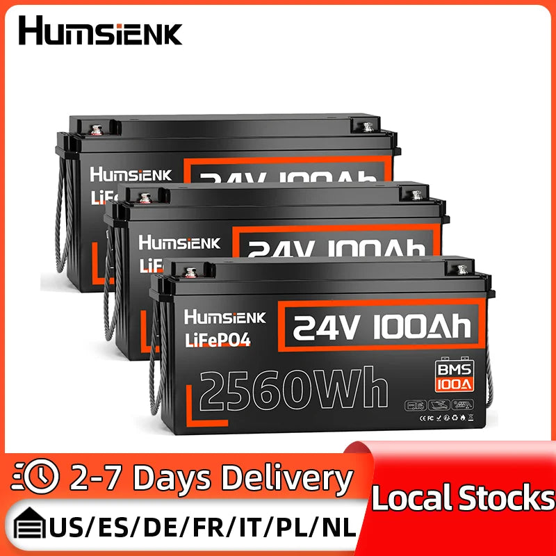 Humsienk LiFePO4 24V 100AH Lithium Iron Phosphate Battery 100A BMS For Electronics RV Campers Solar Golf Carts Marine Vans