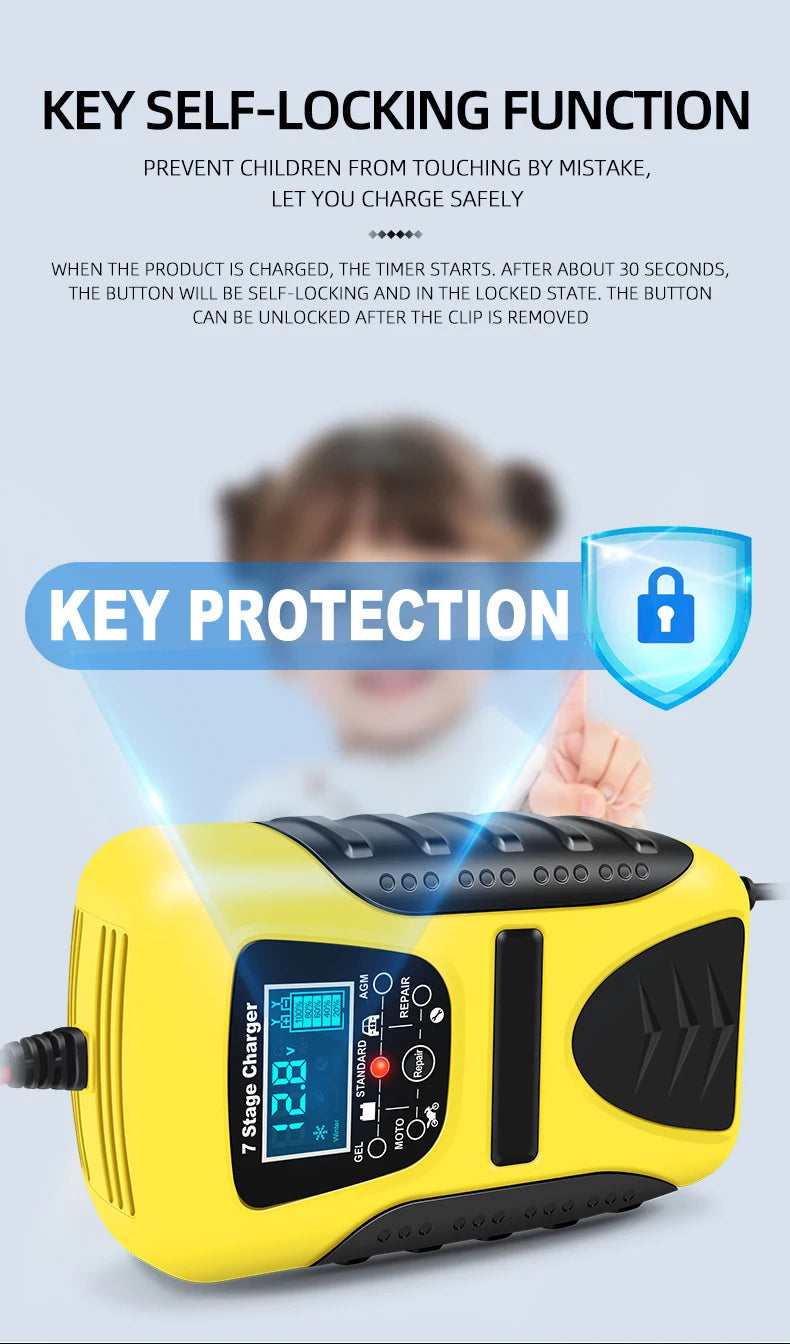 12V 7A Full Automatic Battery Charge Machine LCD Display 7 Stage Smart Car Battery Charger for Car Motorcycle with Pulse Repair