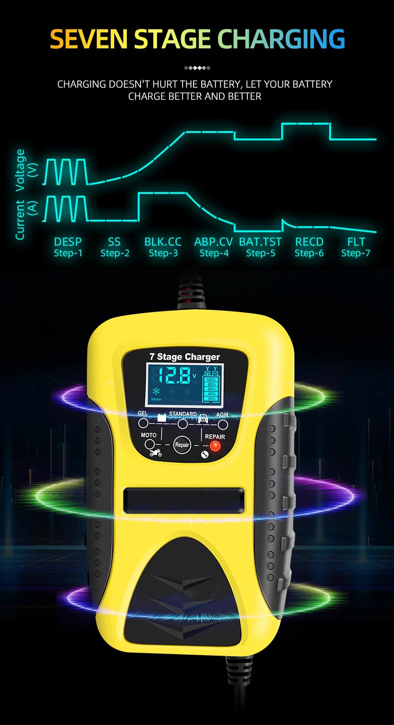 12V 7A Full Automatic Battery Charge Machine LCD Display 7 Stage Smart Car Battery Charger for Car Motorcycle with Pulse Repair
