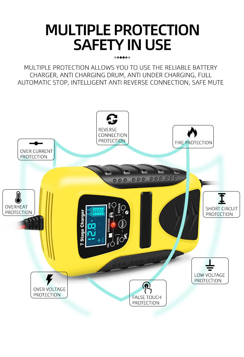 12V 7A Full Automatic Battery Charge Machine LCD Display 7 Stage Smart Car Battery Charger for Car Motorcycle with Pulse Repair