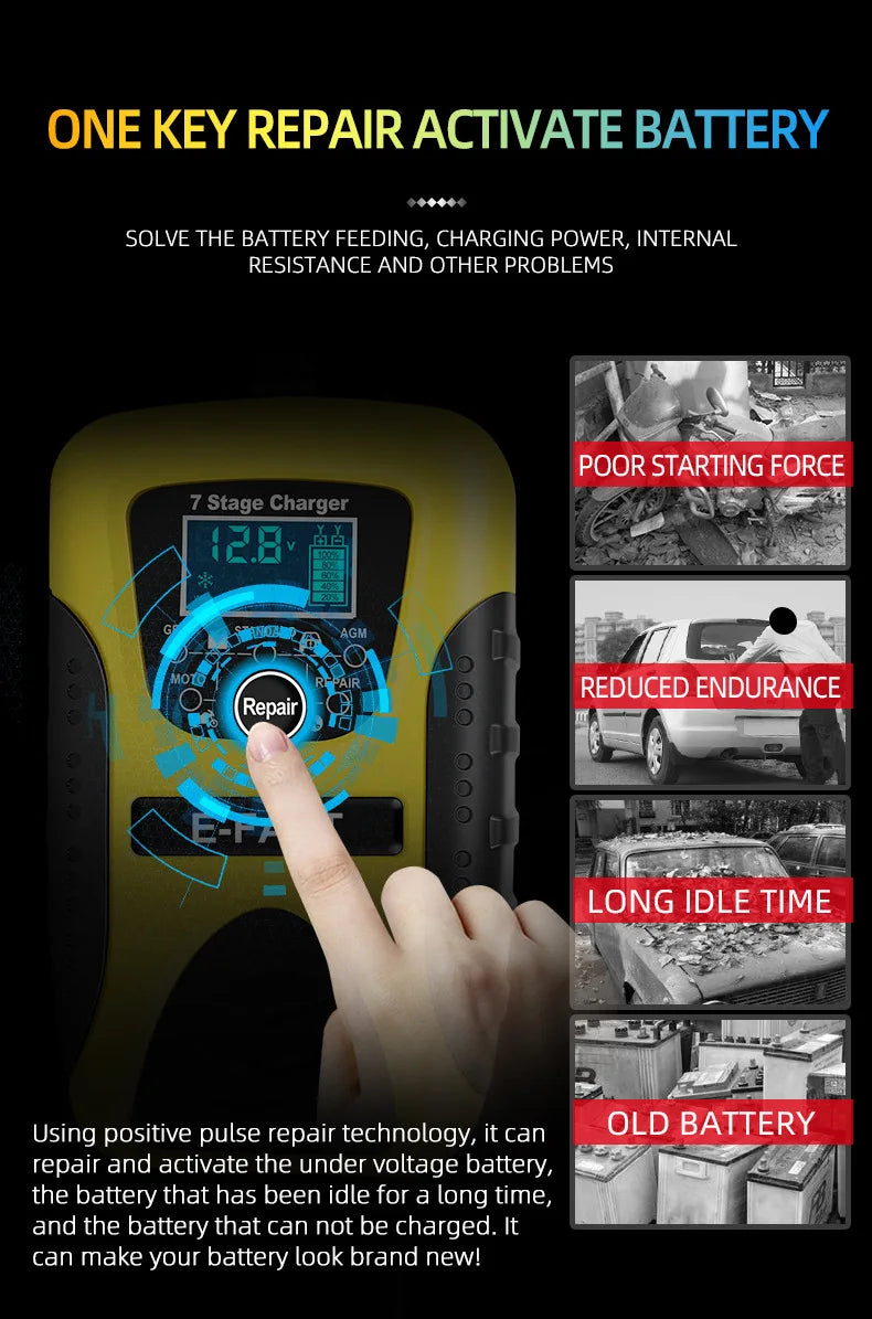 12V 7A Full Automatic Battery Charge Machine LCD Display 7 Stage Smart Car Battery Charger for Car Motorcycle with Pulse Repair