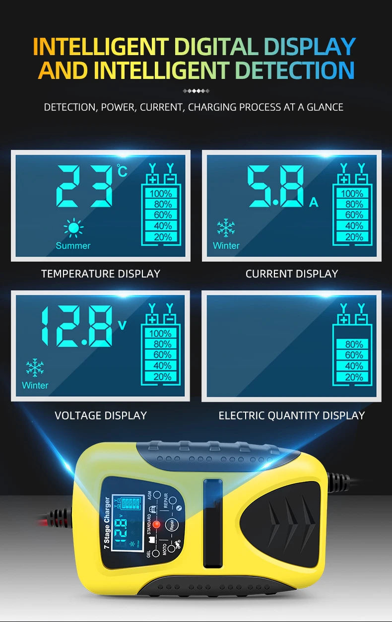 12V 7A Full Automatic Battery Charge Machine LCD Display 7 Stage Smart Car Battery Charger for Car Motorcycle with Pulse Repair