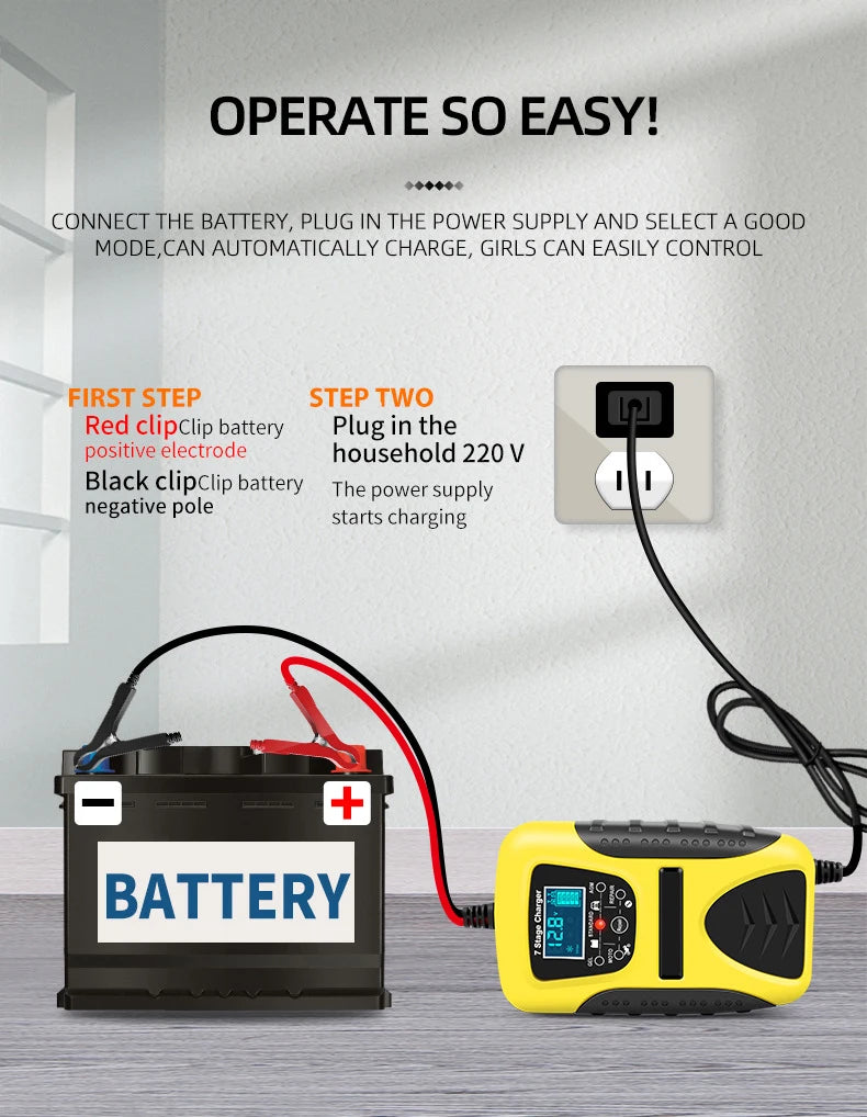 12V 7A Full Automatic Battery Charge Machine LCD Display 7 Stage Smart Car Battery Charger for Car Motorcycle with Pulse Repair