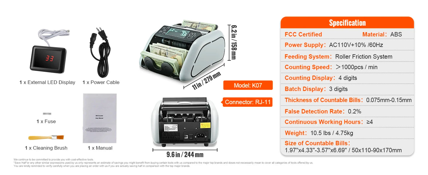 SucceBuy 1000Pcs/Min Money Counter Business Cash Register Euros Bills Fake Banknote Detector by UV & MG Function for Banks Shops