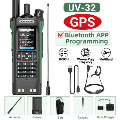 Baofeng UV-32 GPS Walkie Talkie 10W Long Range Multi Band Bluetooth APP Programming Wireless Copy Frequency Type-C Two Way Radio