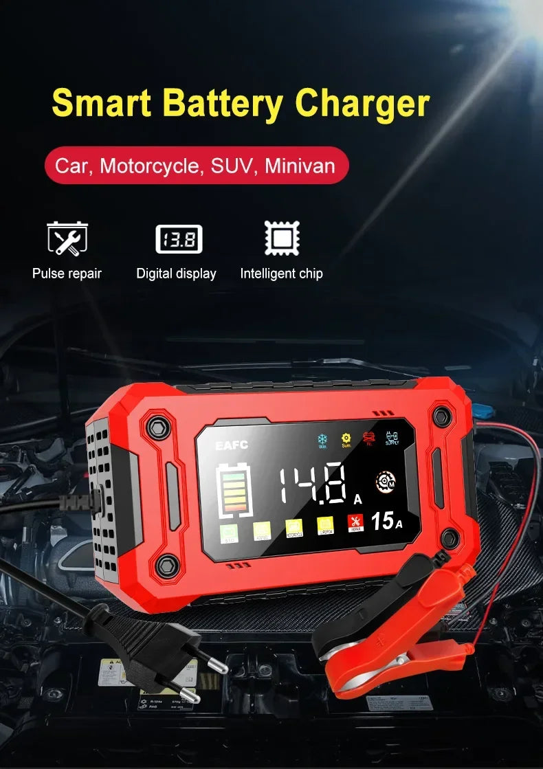 12V15A Car Smart Pulse Repair Charger suitable for cars, motorcycles, boats, AGM, GEL, WET lead-acid batteries