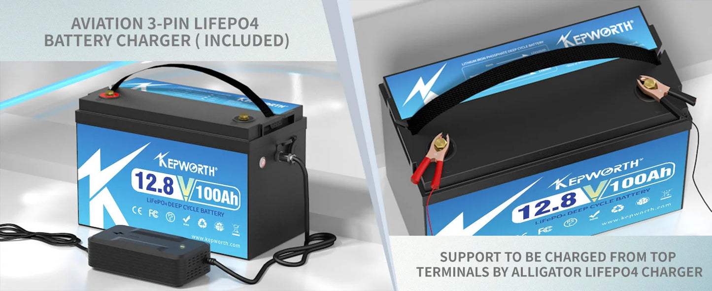 KEPWORTH 12V 100Ah LiFePO4 Battery Built-in 100A upgraded BMS Lithium Power Batteries For RV Campers Golf Cart Off-Road Off-Grid