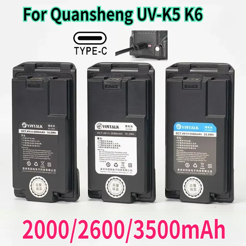For Quansheng UV-K5 K6 Walkie Talkie Battery 2000/2600/3500mAh Type-C Charge Batterior High Capacity Radio Rechargable Battery
