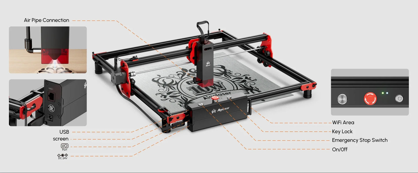 Algolaser 10W Laser Engraver DIY Kit CNC Laser Cutter Engraving Machine OPTIONAL Honeycomb Table & Extension Kit & Rotary Roller