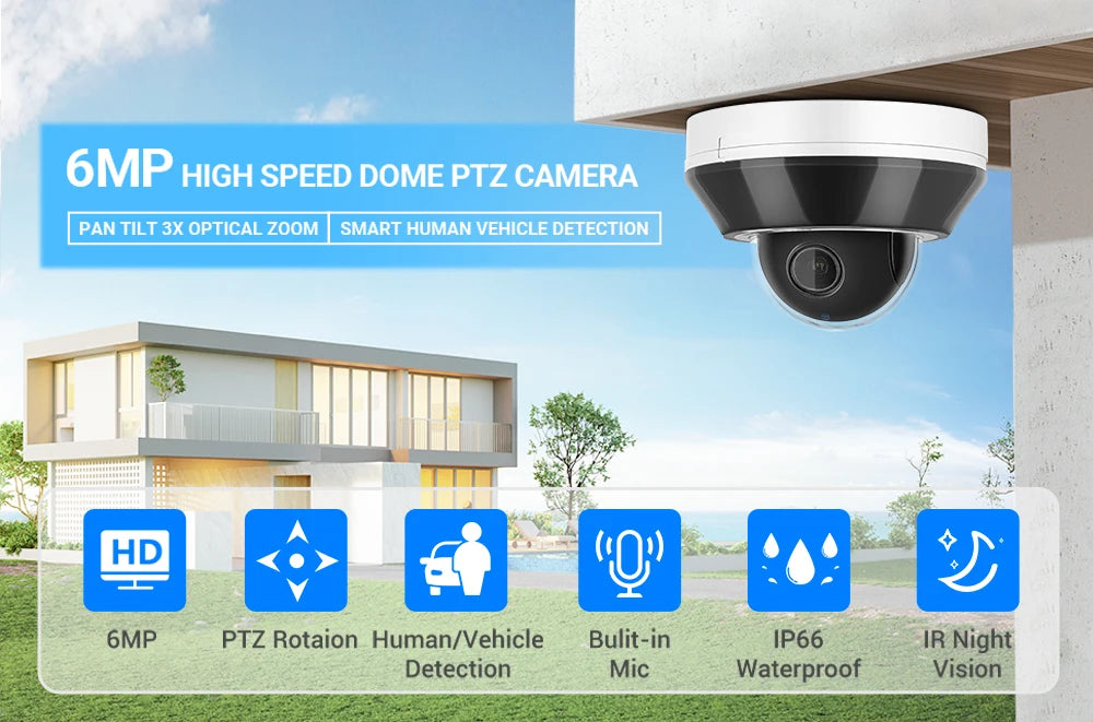 Vikylin Hik compatible 3X Zoom 6MP Dome PTZ IP Camera IR Night Vision MD2.0 IP66 Home Video Surveillance CCTV Security Camera