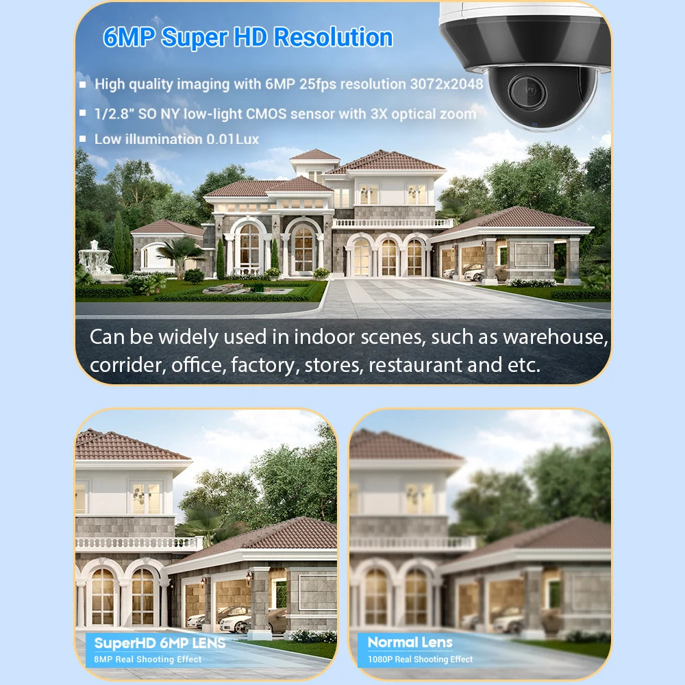 Vikylin Hik compatible 3X Zoom 6MP Dome PTZ IP Camera IR Night Vision MD2.0 IP66 Home Video Surveillance CCTV Security Camera