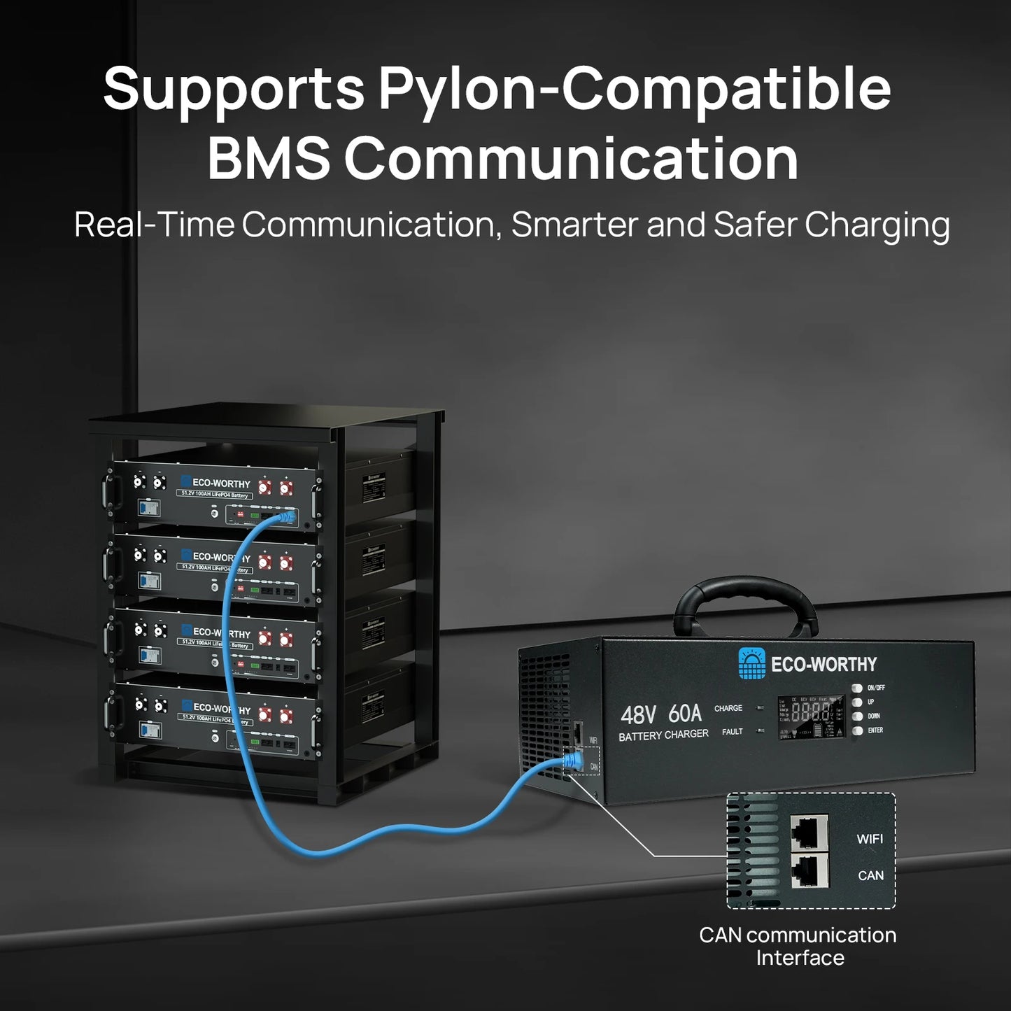 ECO-WORTHY Upgraded (Version 2) 48V 60A Lithium Battery Charger, Adjustable Voltage & Current, for Server Rack LiFePO4 Battery