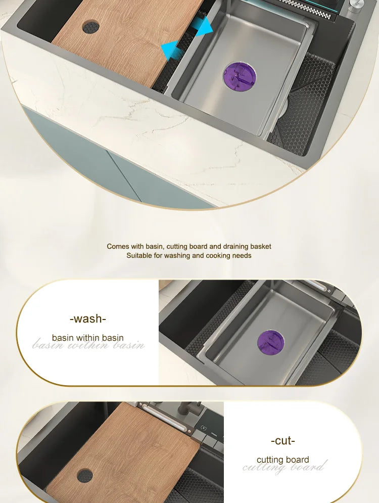 Stainless Steel Waterfall Kitchen Sink Large Single Slot With Digital Display Faucet Apartment Multifunctional Wash Basin