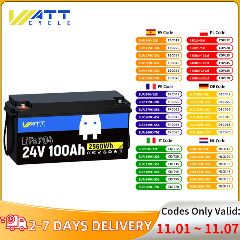 Wattcycle New 24V LiFePO4 Lithium Battery 100Ah Solar Lithium Battery Pack 15000 Cycles with BMS for Home Solar System 1/2Packs