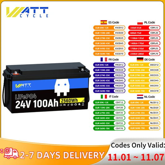 Wattcycle New 24V LiFePO4 Lithium Battery 100Ah Solar Lithium Battery Pack 15000 Cycles with BMS for Home Solar System 1/2Packs