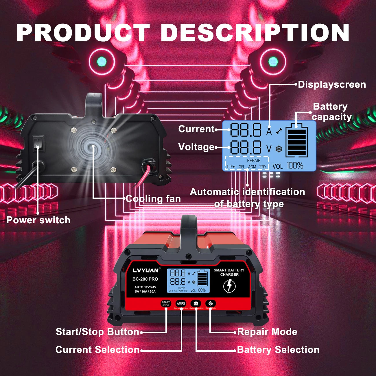 Auto DC12V 24V Battery Charger Smart LCD Display 8-stage Intelligent Charging Car Battery Chager for LiFePO4 AGM GEL Lead-Acid
