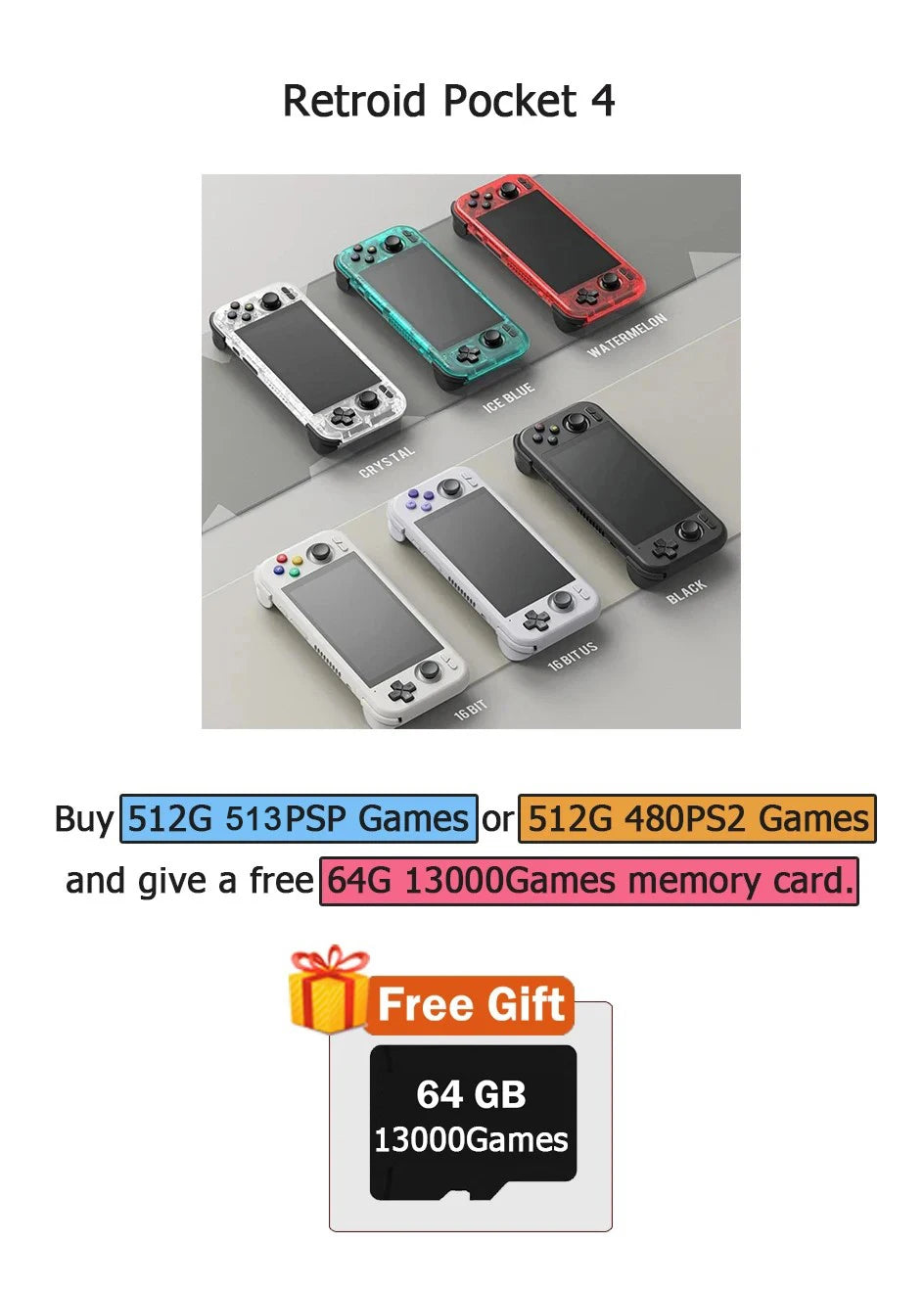 Retroid Pocket 4 Pro RP 4Pro Handheld Game Console Retro Video Game Consoles 4.7Inch Touch Screen 8G+128G tAndroid13 PSP PS2gift