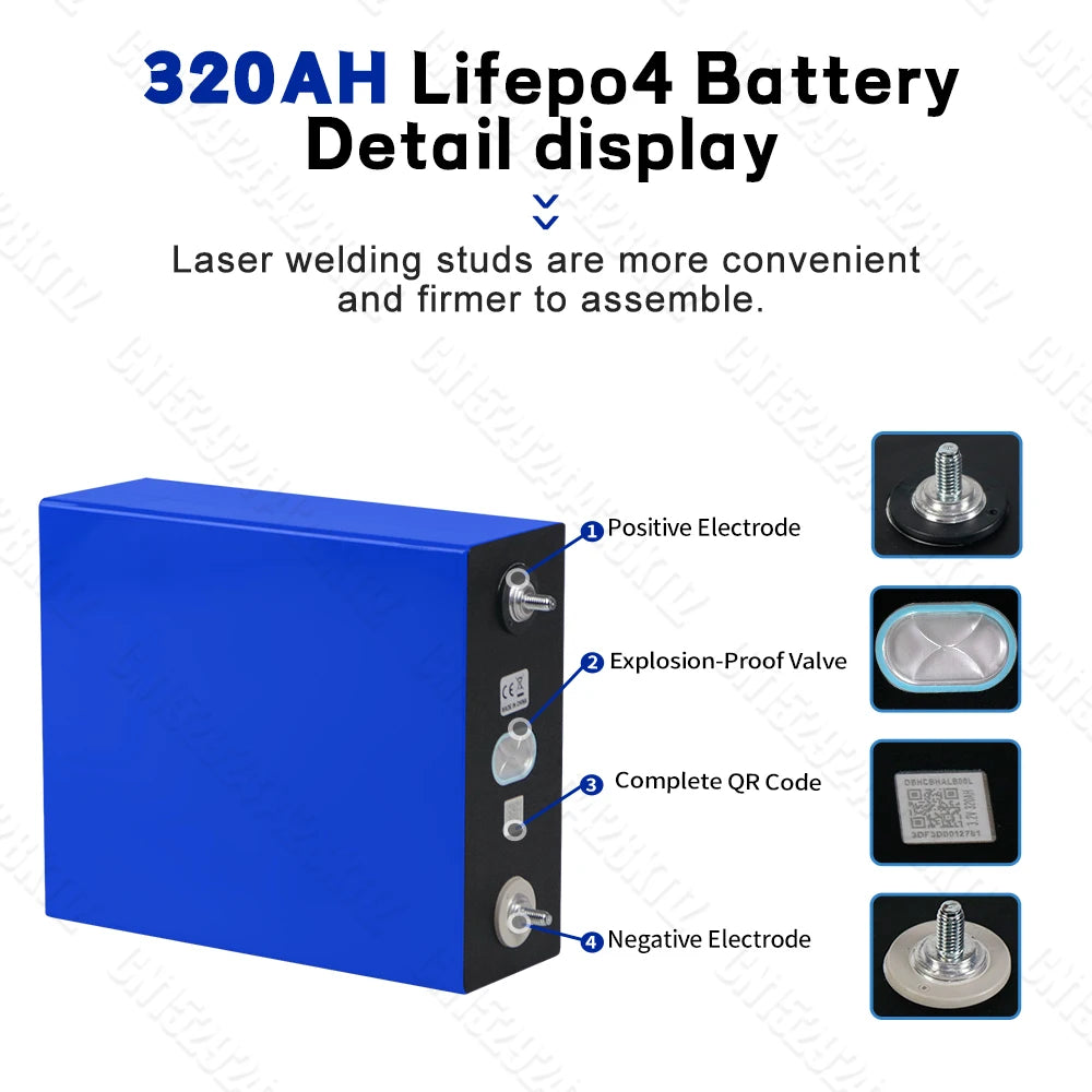 US Stock 320AH Lifepo4 Battery Rechargeable lithium iron phosphate batteries DIY 12V 24V 48V For EV Golf Cart Boat with busbars