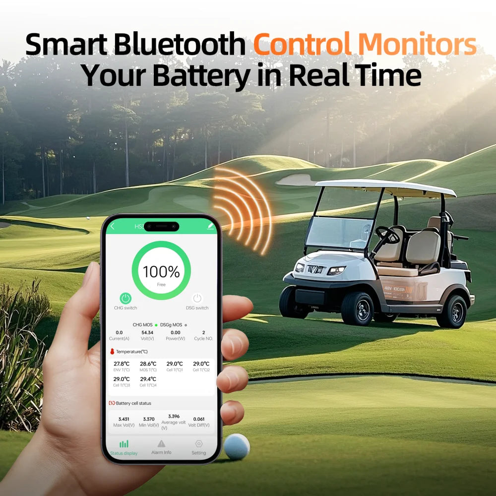 HumSienk LiFePO4 Battery Packs 48V 100Ah Specially Designed For Golf Cart 200A BMS Robust 5120Wh Smart Bluetooth Monitor