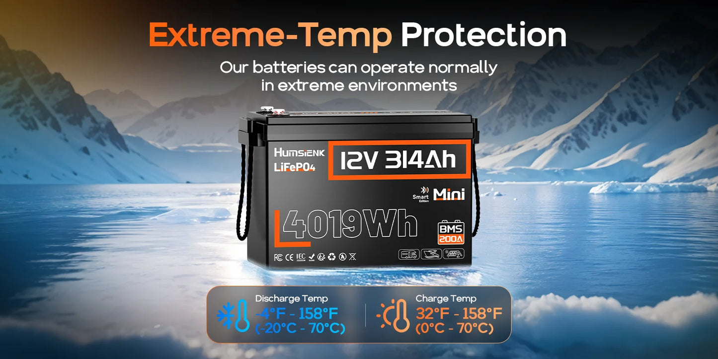 Humsienk Bluetooth LiFePO4 Battery 12V 314AH With 200A BMS A+ Cells 15000 Cycles Real- time Monitor For Outdoor / Household