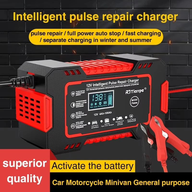 EAFC 6A Car Battery Charger 12V Motorcycle Fully Automatic Repair Charge Intelligent Fast Charging Lead Acid Battery LCD Display