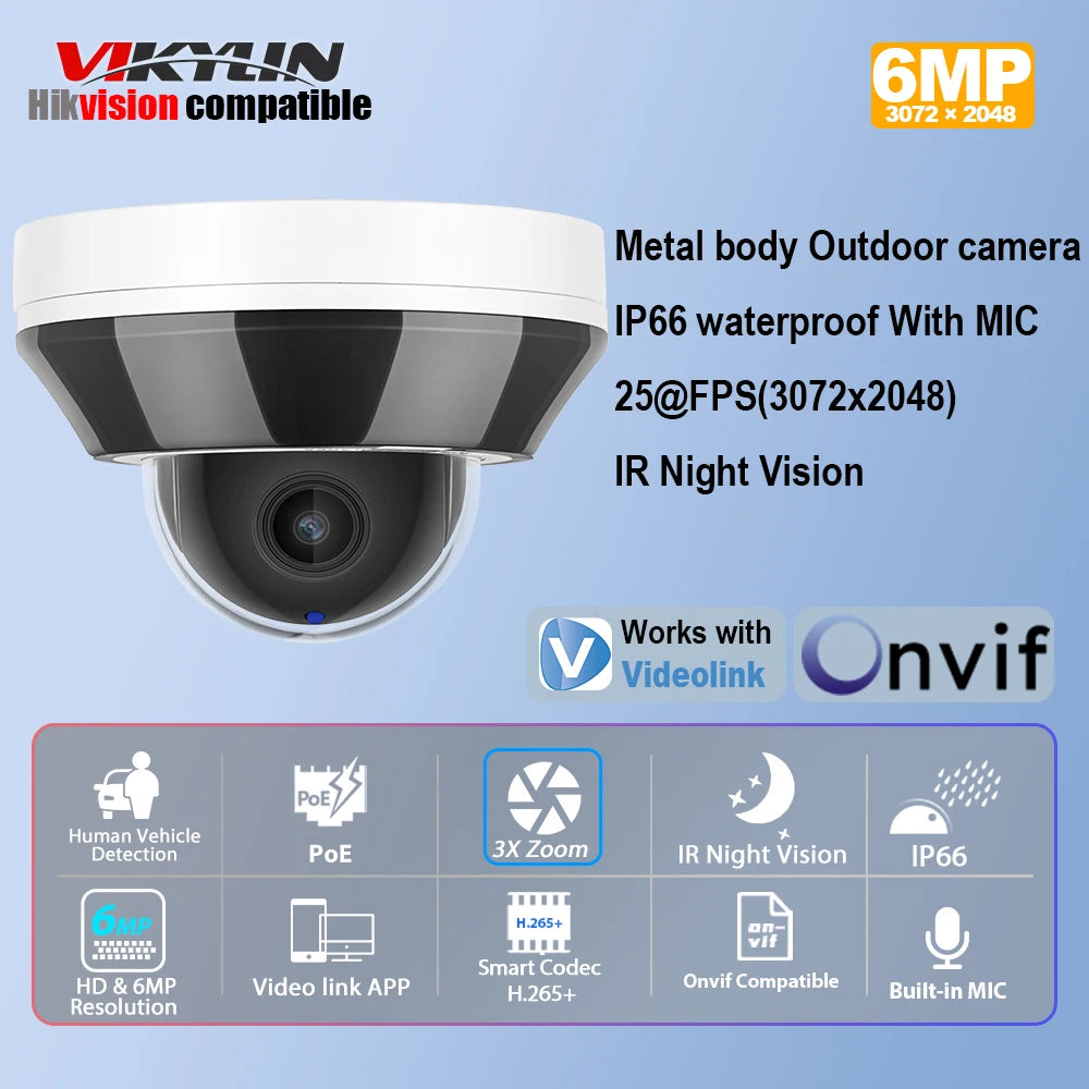 Vikylin Hik compatible 3X Zoom 6MP Dome PTZ IP Camera IR Night Vision MD2.0 IP66 Home Video Surveillance CCTV Security Camera