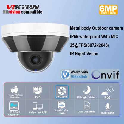 Vikylin Hik compatible 3X Zoom 6MP Dome PTZ IP Camera IR Night Vision MD2.0 IP66 Home Video Surveillance CCTV Security Camera
