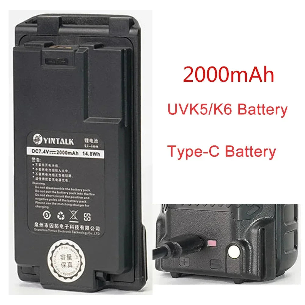 For Quansheng UV-K5 K6 Walkie Talkie Battery 2000/2600/3500mAh Type-C Charge Batterior High Capacity Radio Rechargable Battery