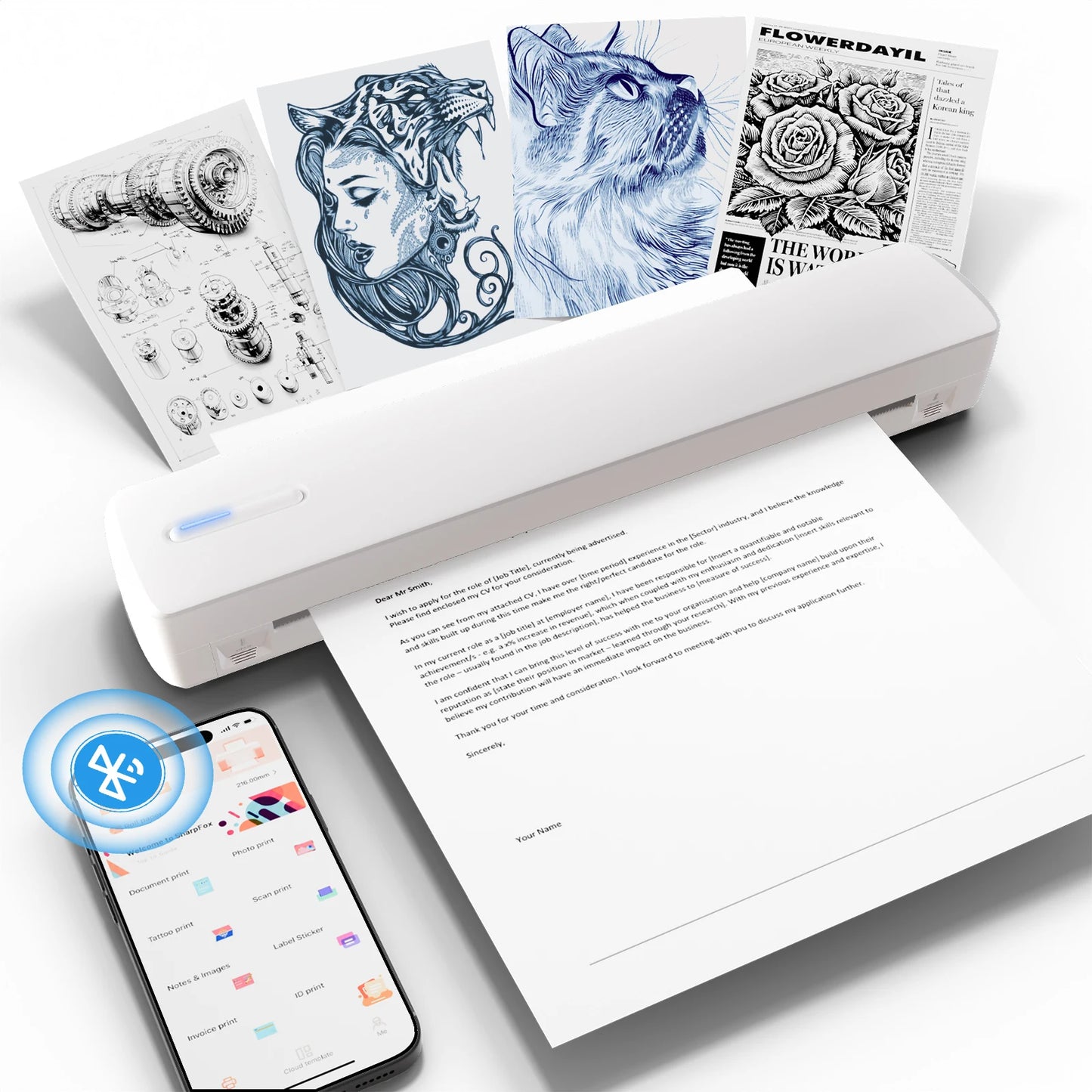 Thermal Printer Inkless Wireless A4 C80 300DPI 1500mAh BT Mobile Printing iOS/Android/Laptop For Tattoo Artists Enthusiasts