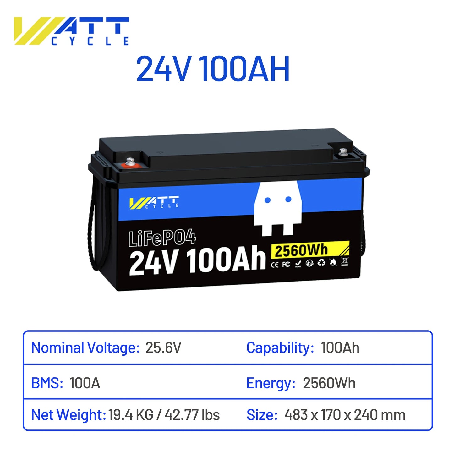 Wattcycle New 24V LiFePO4 Lithium Battery 100Ah Solar Lithium Battery Pack 15000 Cycles with BMS for Home Solar System 1/2Packs
