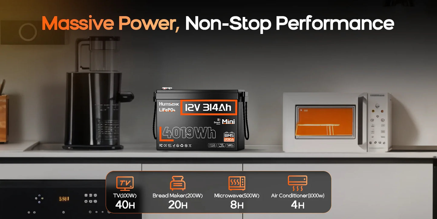 Humsienk Bluetooth LiFePO4 Battery 12V 314AH With 200A BMS A+ Cells 15000 Cycles Real- time Monitor For Outdoor / Household